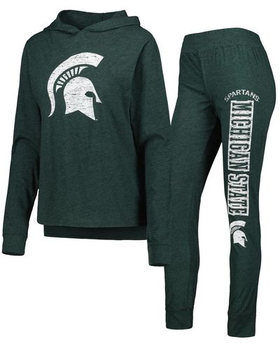 Concepts Sport Heathered Green Distressed Michigan State Spartans Long Sleeve Hoodie T-shirt And Pants Sleep Set
