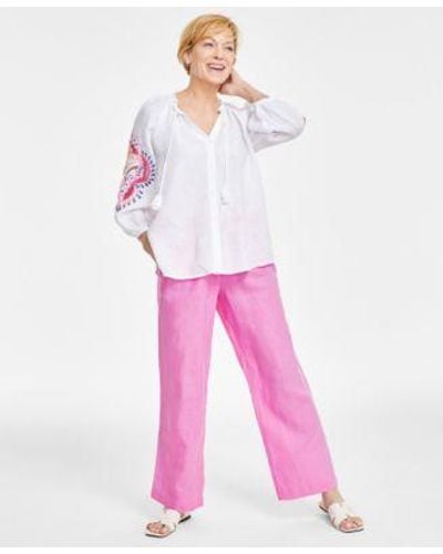 Charter Club Embroidered Peasant Top Linen Pants Created For Macys - Pink