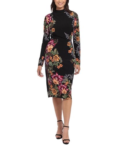London Times Mock-turtleneck Floral Sheath Dress - Black