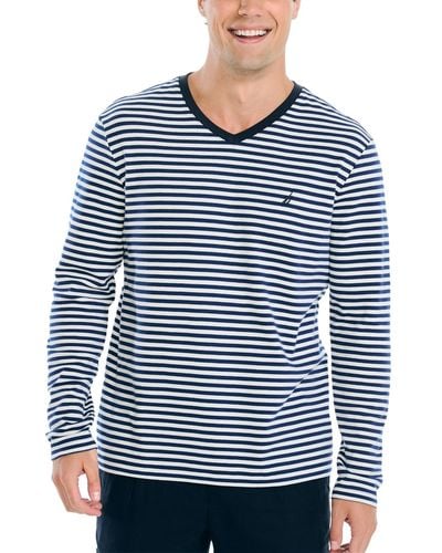 Nautica V-neck Striped Long Sleeve T-shirt - Blue