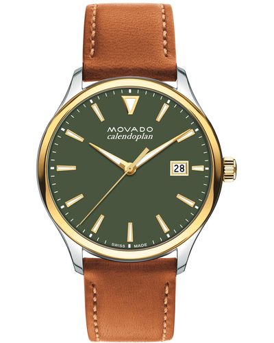 Movado Swiss Calendoplan Cognac Leather Strap Watch 40mm - Green