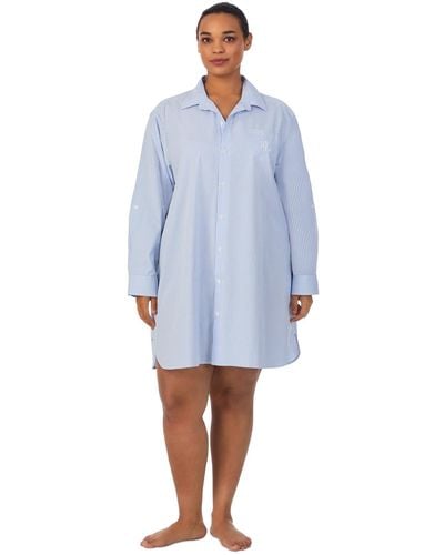 Lauren by Ralph Lauren Plus Size Long-sleeve Roll-tab His Shirt Sleepshirt - Blue
