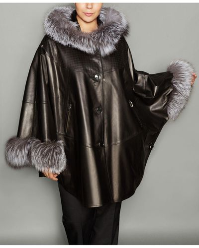 The Fur Vault Plus Size Fox-fur-trim Leather Cape - Black