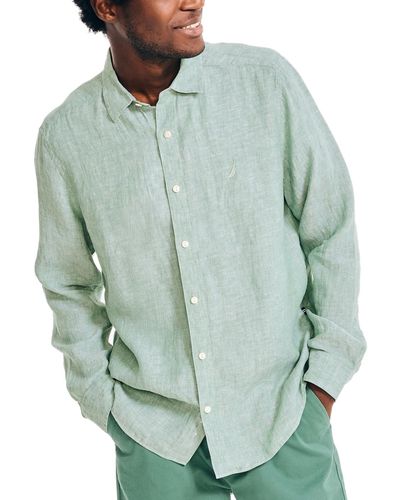 Nautica Solid Long-sleeve Button-up Linen Shirt - Green