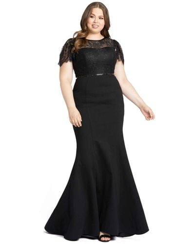Mac Duggal Plus Size Lace Illusion High Neck Cap Sleeve Gown - Black