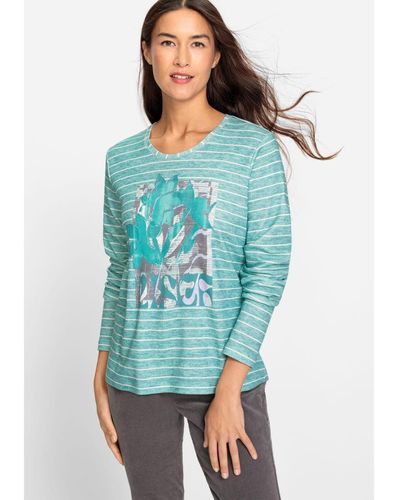 Olsen 100% Cotton Long Sleeve Stripe & Placement Print T-shirt - Blue