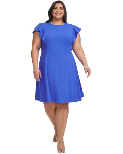 DKNY Plus Size Flutter-sleeve Scuba-crepe Fit & Flare Dress - Blue