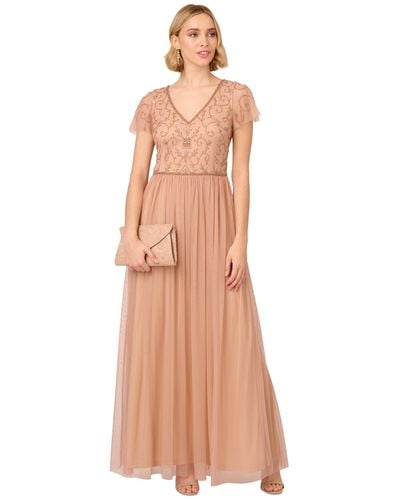 Adrianna Papell Bead Embellished V-neck Gown - Natural