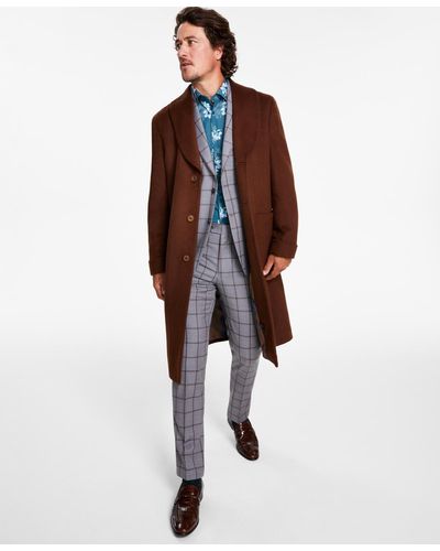 Tallia Classic-fit Medium Weight Solid Wool Blend Overcoats - Brown
