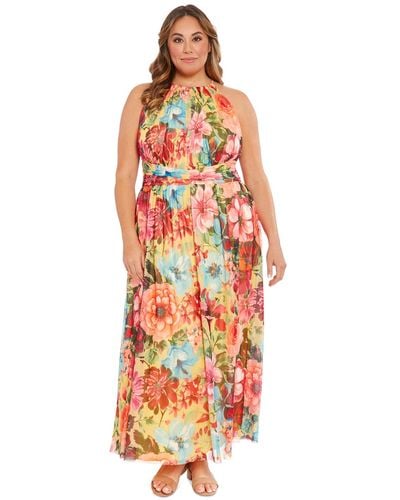 London Times Plus Size Floral Halter Maxi Dress - Red