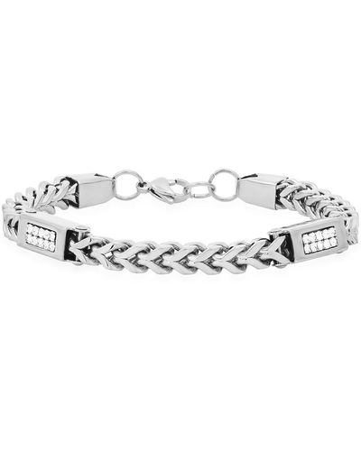 Steeltime Stainless Steel Wheat Chain And Simulated Diamonds Link Bracelet - White
