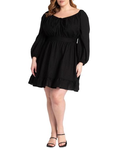 Eloquii Plus Size Puff Sleeve Linen Mini Dress - Black