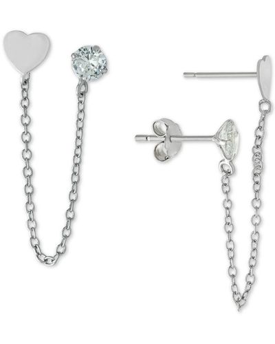 Giani Bernini Cubic Zirconia Heart Double Pierced Chain Drop Earrings In Sterling Silver, Created For Macy's - Metallic