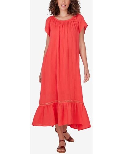 Ruby Rd. Petite Gauze Short Sleeve High/low Dress - Red