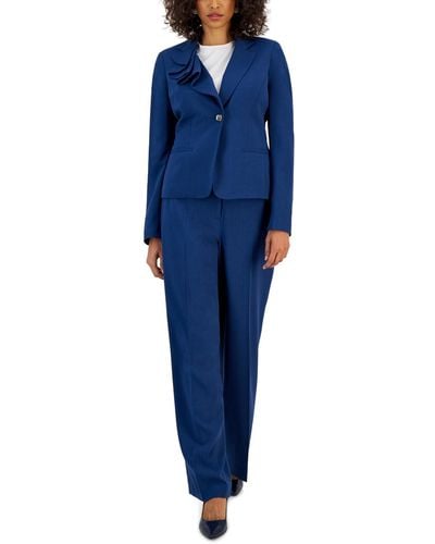 Nipon Boutique Asymmetrical Ruffled One-button Jacket & Wide-leg Pant Suit - Blue