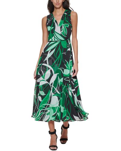 Calvin Klein Petite Surplice-neck Sleeveless A-line Dress - Green