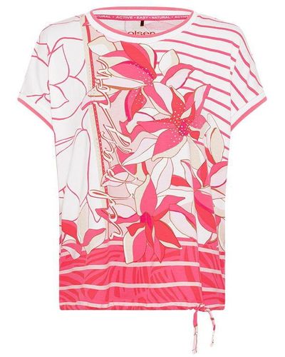 Olsen Short Sleeve Mixed Print Embellished T-shirt - Red