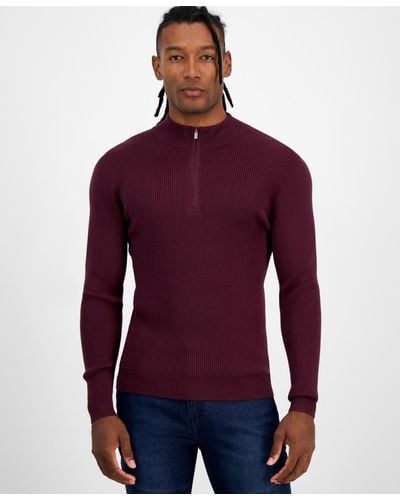 INC International Concepts Regular-fit Ribbed-knit 1/4-zip Mock Neck Sweater - Purple