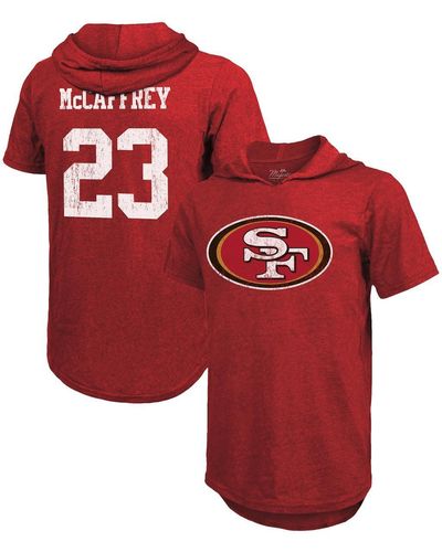 Majestic Threads Christian Mccaffrey San Francisco 49ers Player Name And Number Tri-blend Short Sleeve Hoodie T-shirt - Red