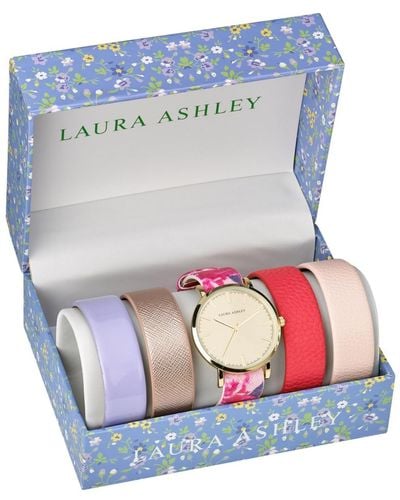 Laura Ashley Slidethrough Interchangeable Sleek Dial Floral Straps Set Watch - Metallic