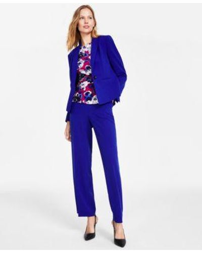Kasper One Button Blazer Floral Print Side Tie Top Pull On Pants - Blue
