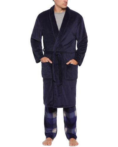 Perry Ellis Herringbone Textured Fleece Robe - Blue