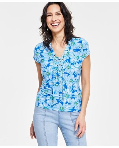 INC International Concepts Printed Lace-up Front Top - Blue