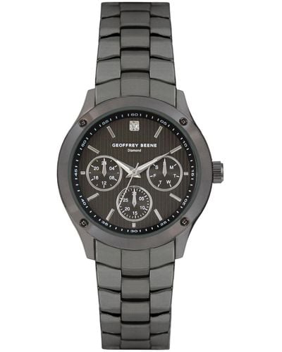 Geoffrey Beene Faux Chrono Screw Detail Bezel Genuine Diamond Bracelet Watch - Black