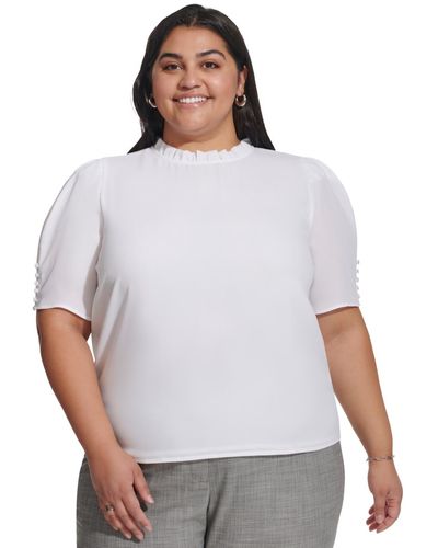 Calvin Klein Plus Size Ruffle-neck Short-sleeve Top - White