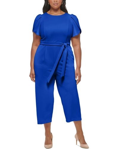 Calvin Klein Plus Size Tulip-sleeve Belted Jumpsuit - Blue