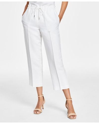 Anne Klein Linen-blend Mid Rise Drawstring-waist Crop Pants - White