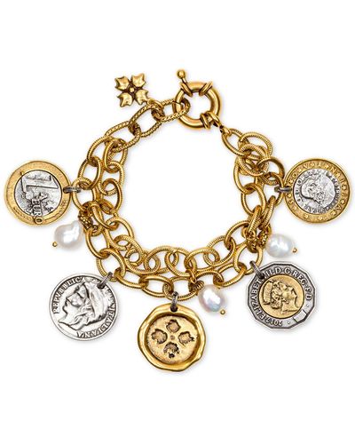 Patricia Nash Two-tone World Coin & Freshwater Pearl (9mm) Double-chain Charm Bracelet - Metallic