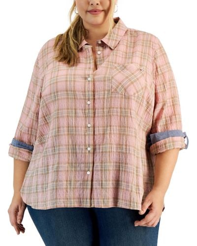 Tommy Hilfiger Plus Size Crinkle Plaid Roll-tab Shirt - Pink
