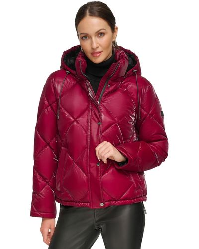 DKNY Diamond Quilted Hooded Puffer Coat - Red