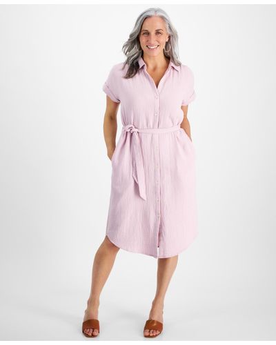 Style & Co. Petite Crinkled Cotton Camp Shirt Dress - Pink