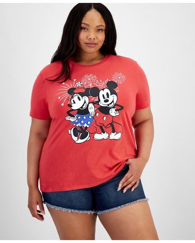 Disney Trendy Plus Size Mickey And Minnie Graphic T-shirt - Red