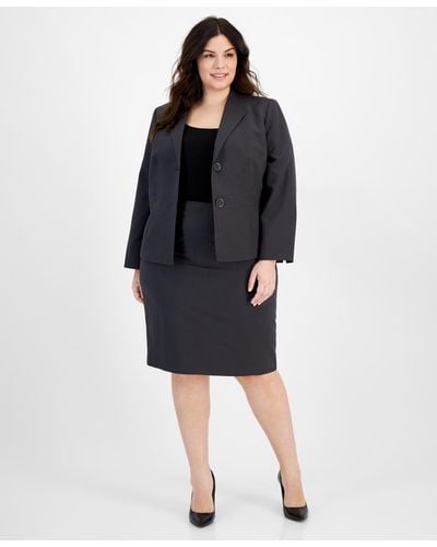 Le Suit Plus Size Crepe Collarless Jacket & Slim Pencil Skirt - Black