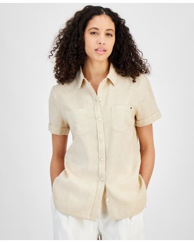 Tommy Hilfiger Linen-blend Short-sleeve Button-front Shirt - Natural