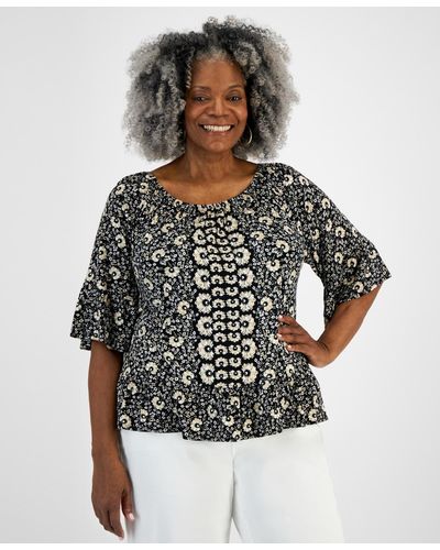 Style & Co. Plus Size Printed On/off-the-shoulder Knit Top - Gray