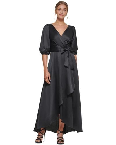 DKNY Faux-wrap Balloon-sleeve Belted Dress - Black