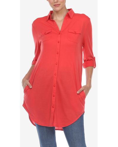 White Mark Stretchy Button-down Tunic Top - Red