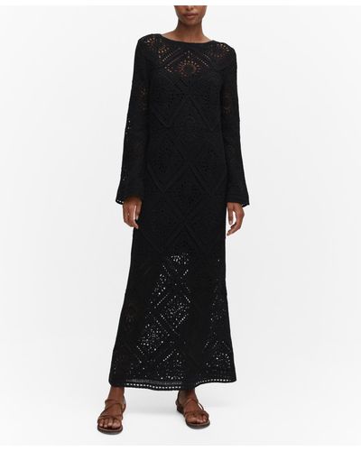 Mango Flared Sleeve Crochet Dress - Black
