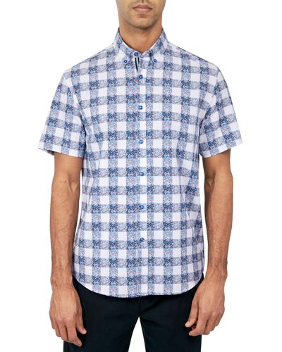 Society of Threads Regular Fit Non-iron Performance Stretch Floral Check Print Button-down Shirt - Blue
