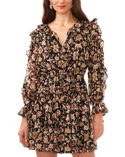 1.STATE Cascading Ruffle-sleeve Floral-print Mini Dress - Natural