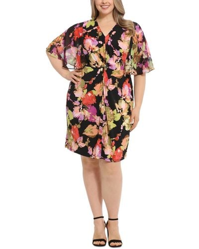 London Times Plus Size Printed Twist-front Capelet Dress - Red