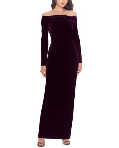 Xscape Off-the-shoulder Long-sleeve Velvet Gown - Purple
