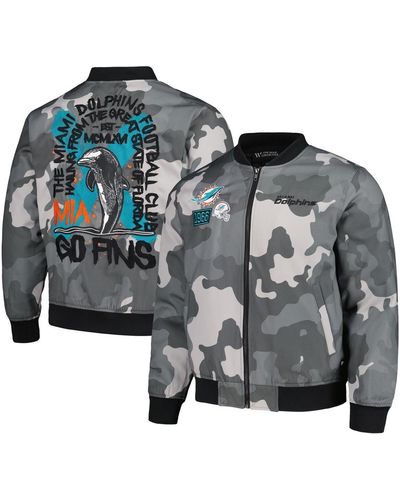 The Wild Collective And Distressed Miami Dolphins Camo Bomber Jacket - Gray