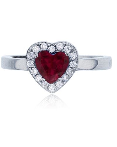 Macy's , Green Or Purple Heart Cubic Zirconia Halo Ring In Rhodium Plated Sterling Silver - Red
