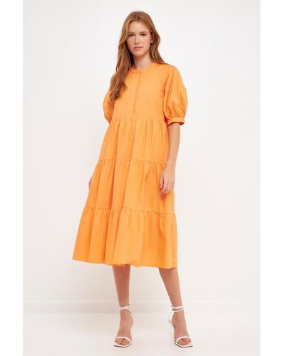 English Factory Short Puff Sleeve Midi Dress - Orange