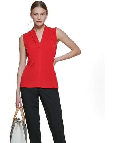 Calvin Klein Gathe V-neck Sleeveless Top - Red